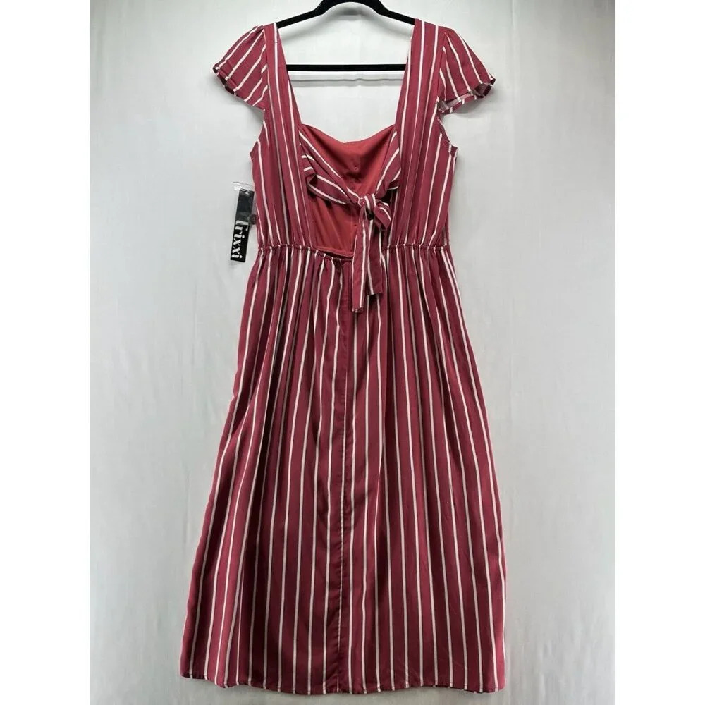 Trixx Dress Size XL A-Line Midi Striped Faux Button Front String Back Rayon Red - Picture 2 of 11